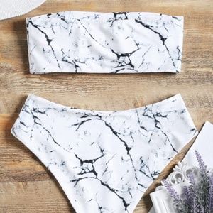 Zaful Marble Print High Waisted Bandeau Bikini